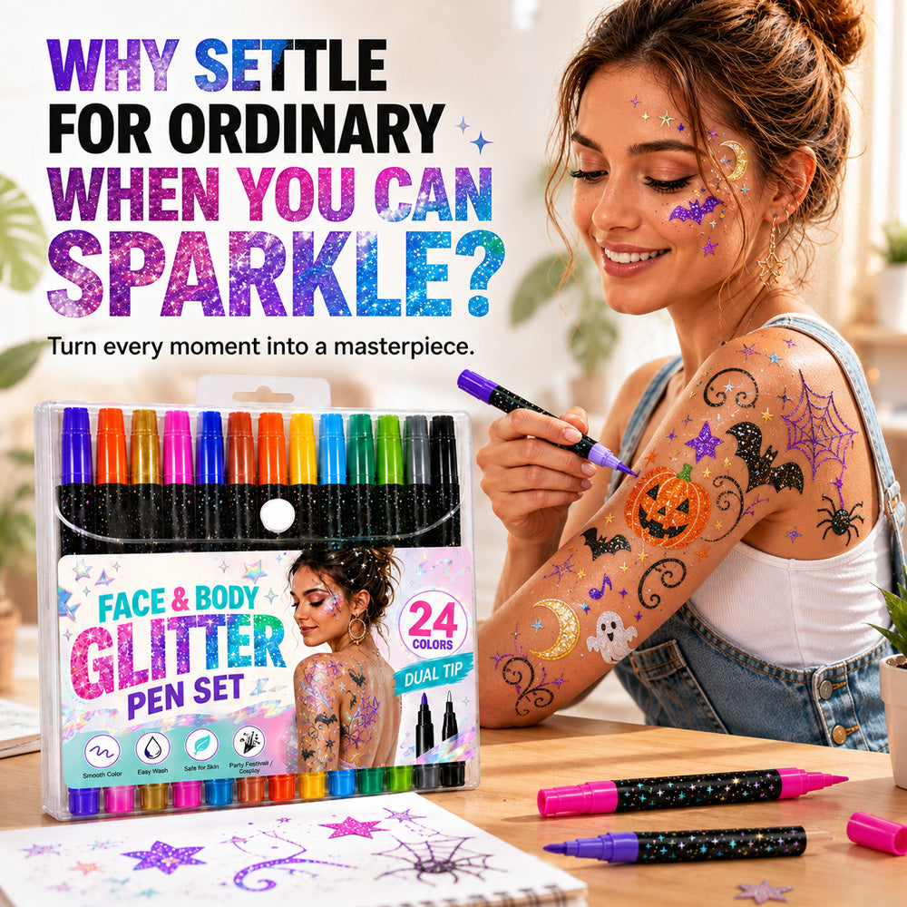 📢 BUY 2 GET 1 FREE! ⏰ 24-Color Face & Body Glitter Marker Set with Dual Tips – Skin-Safe, Sweat-Resistant & Dazzling Sparkle ✨