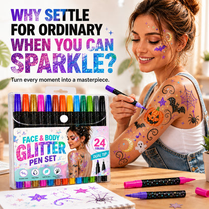📢 BUY 2 GET 1 FREE! ⏰ 24-Color Face & Body Glitter Marker Set with Dual Tips – Skin-Safe, Sweat-Resistant & Dazzling Sparkle ✨